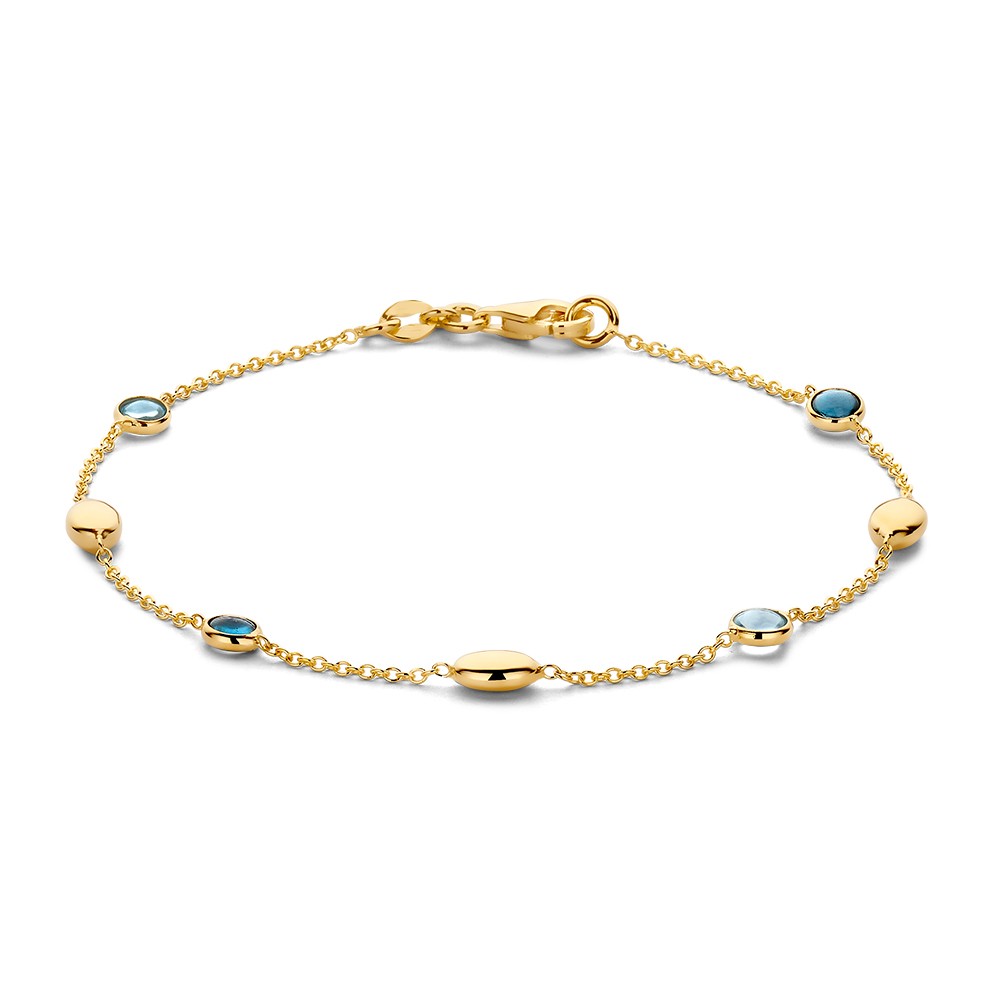Geelgouden armband met blauwe topaas en london blue topaas. De kleurstenen worden afgewisseld met gouden elementen voor een speelse uitstraling.

