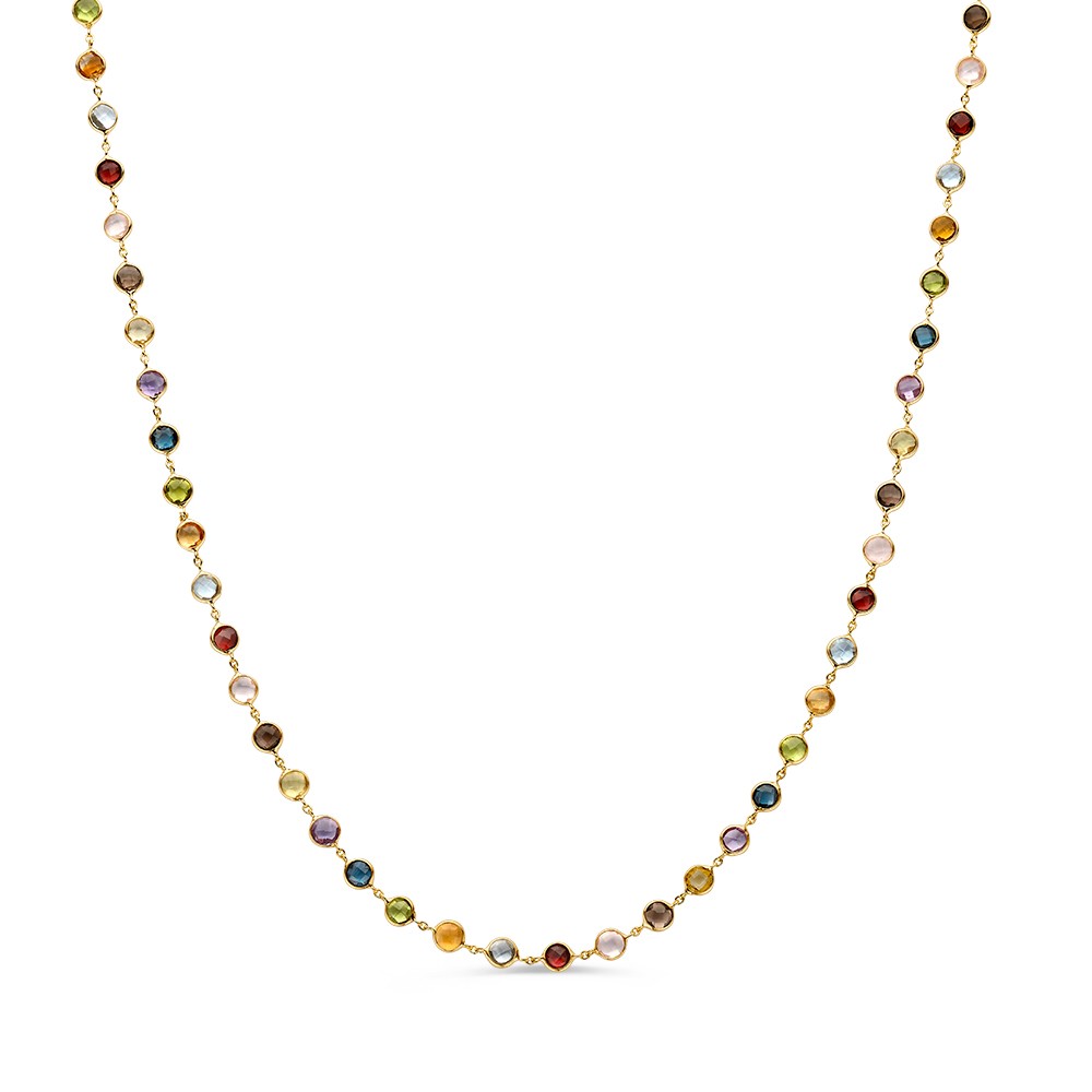 Dit elegante 14-karaats geelgouden collier is voorzien van diverse edelstenen in meerdere kleuren, wat zorgt voor een levendige en stijlvolle uitstraling. Dankzij de verbonden zetkastjes, valt het gouden collier soepel en elegant om de hals. De combinatie van geelgoud met kleurrijke edelstenen maakt het een veelzijdig sieraad dat zowel bij dagelijkse als feestelijke gelegenheden gedragen kan worden. Het collier bevat amethist, peridot, topaas, london blue topaas, rozenkwarts en citrien.
