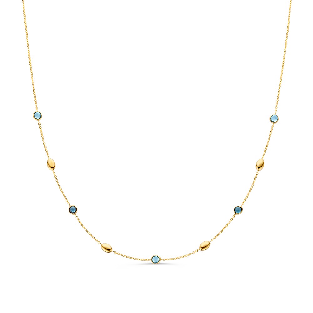 Verfijnd, geelgouden collier met cabuchon geslepen, blauwe topazen en london blue topazen.
