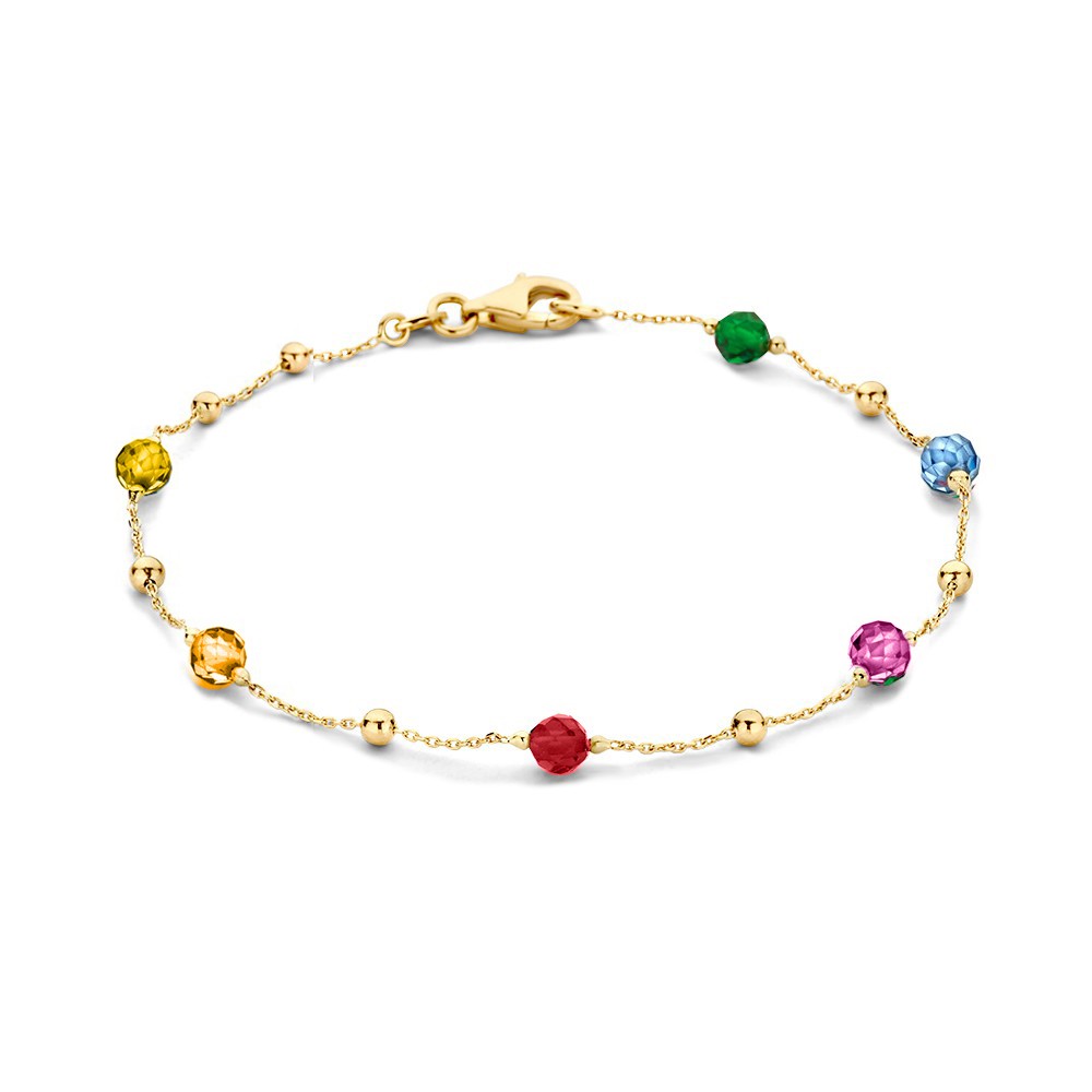 Geelgouden armband met gouden bolletjes en zirkonia steentjes in een regenboog aan kleuren. Leuk om zo te dragen, maar ook perfect om te combineren in je gouden armbanden stack.
