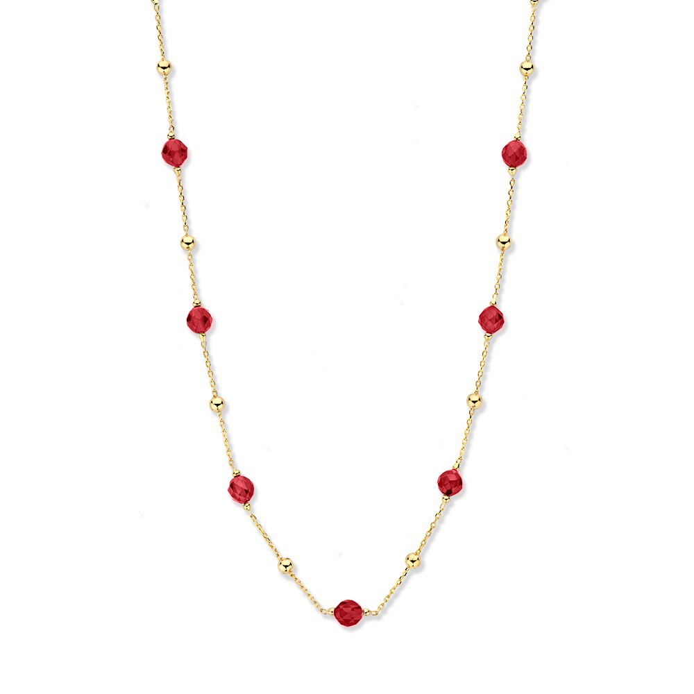 Geelgouden collier metgouden bolletjes en rode zirkonia elementen. Voeg kleur toe aan jouw sieraden look!
