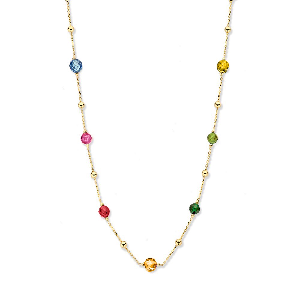 Geelgouden collier metgouden bolletjes en zirkonia elementen in alle kleuren van de regenboog. Voeg kleur toe aan jouw sieraden look!
