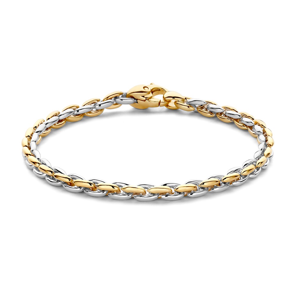 Elegante, bicolor wit- en geelgouden schakelarmbanden met een perfecte afwerking.
