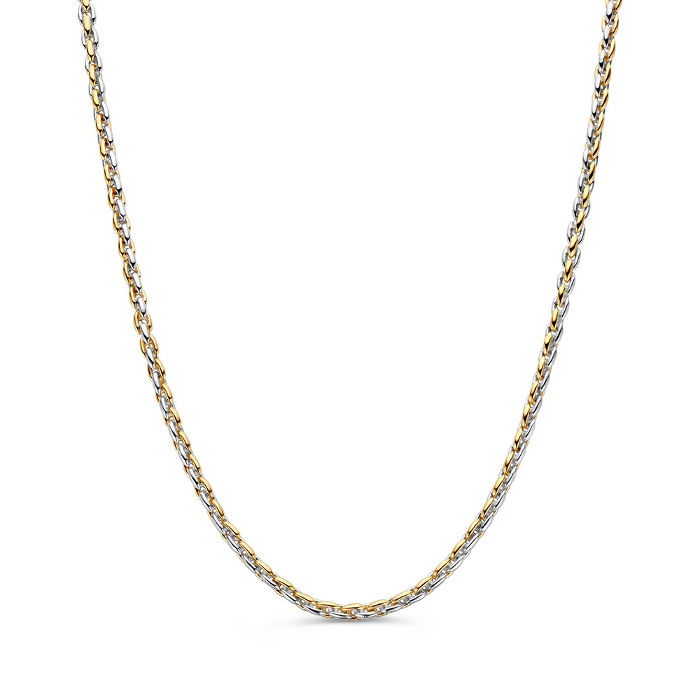 Dit elegante bicolor schakelcollier combineert 14-karaats wit- en geelgouden schakels tot een verfijnd sieraad. Dankzij de soepele schakels, valt het prachtig om de hals. Het collier is afgewerkt met een luxe, gouden karabijnsluiting. De hoogwaardige afwerking en het tijdloze ontwerp maken dit collier tot een veelzijdige aanvulling op elke sieradencollectie. Van het collier is een bijpassende armband verkrijgbaar.
