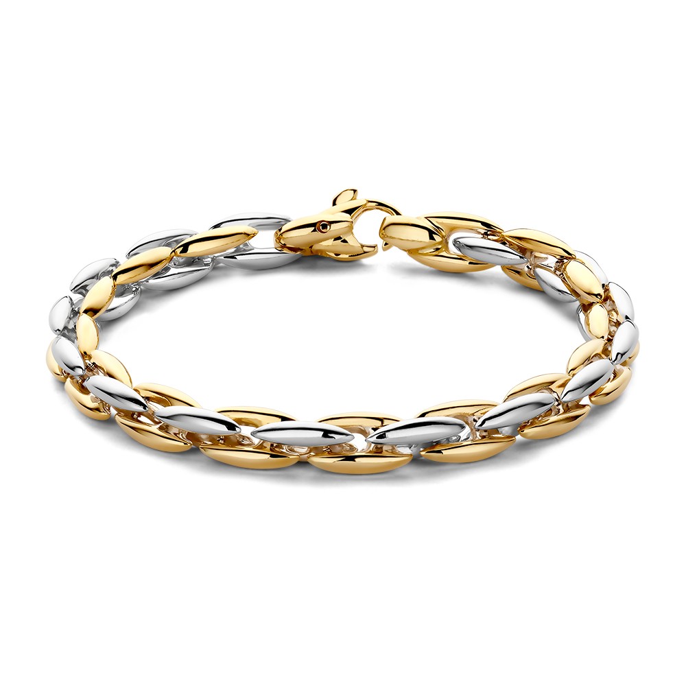 Elegante, bicolor wit- en geelgouden schakelarmbandmet een perfecte afwerking.

