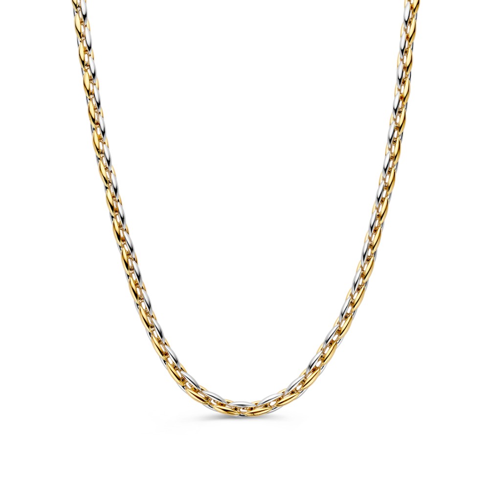 Elegant bicolor wit- en geelgouden schakelcolliermet een perfecte afwerking.
