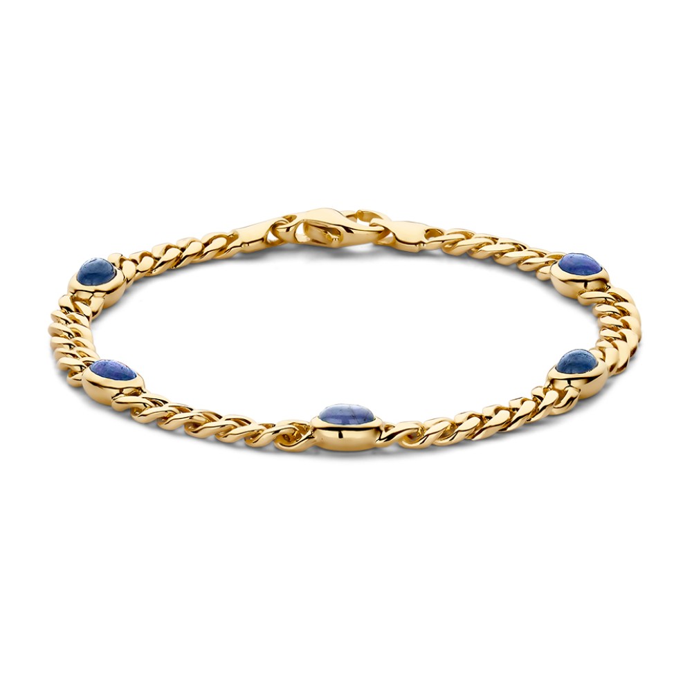 Stijlvolle, geelgouden armband met klassieke gourmetschakel en vijf cabuchon geslepen saffieren in koningsblauwe kleur.
