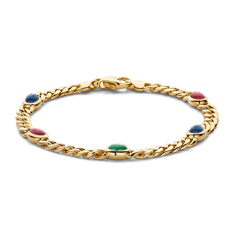 Stijlvolle, geelgouden armband met klassieke gourmetschakel en vijf cabuchon geslepen edelstenen (saffier, robijn, smaragd).
