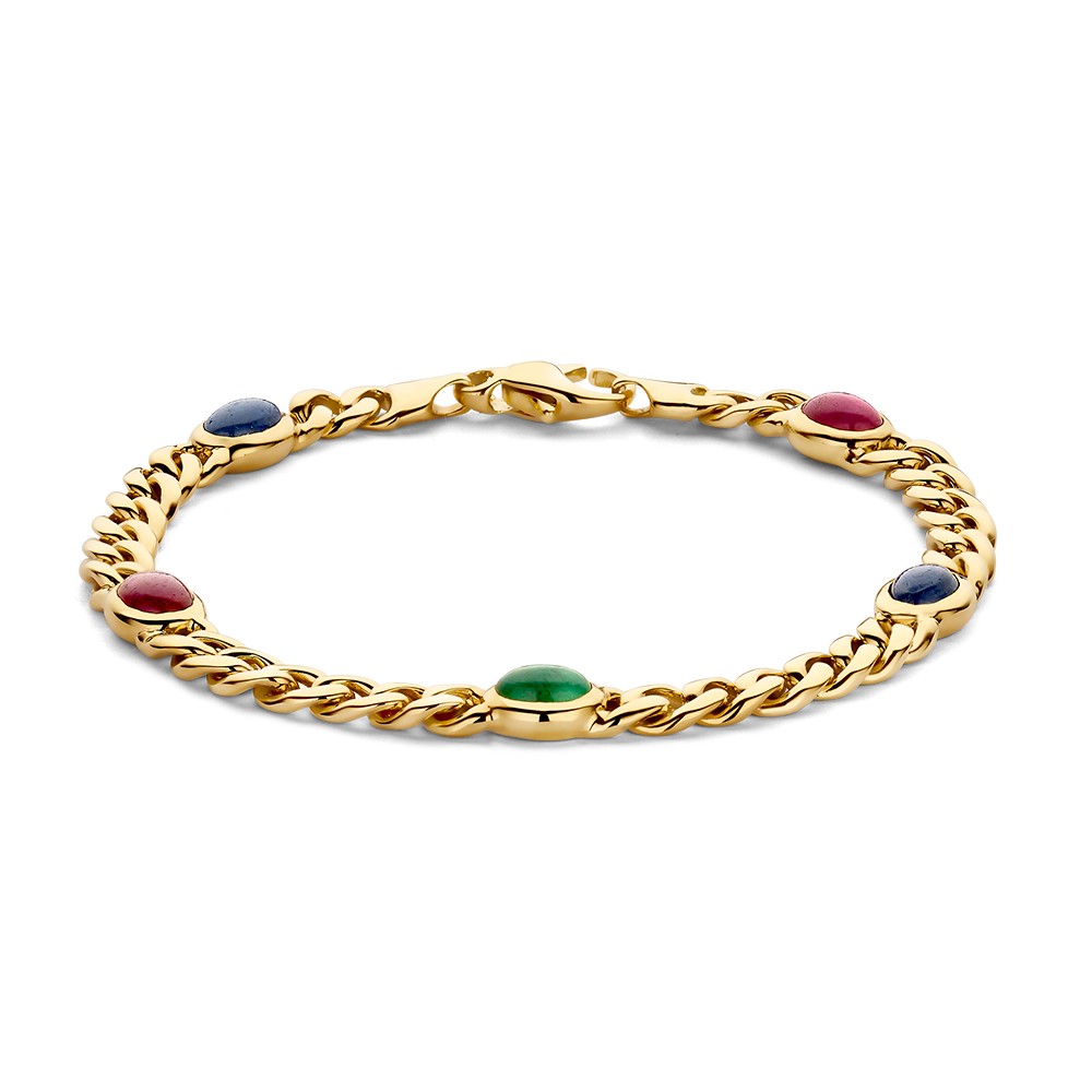 Stijlvolle, geelgouden armband met klassieke gourmetschakel en vijf cabuchon geslepen edelstenen (saffier, robijn, smaragd).
