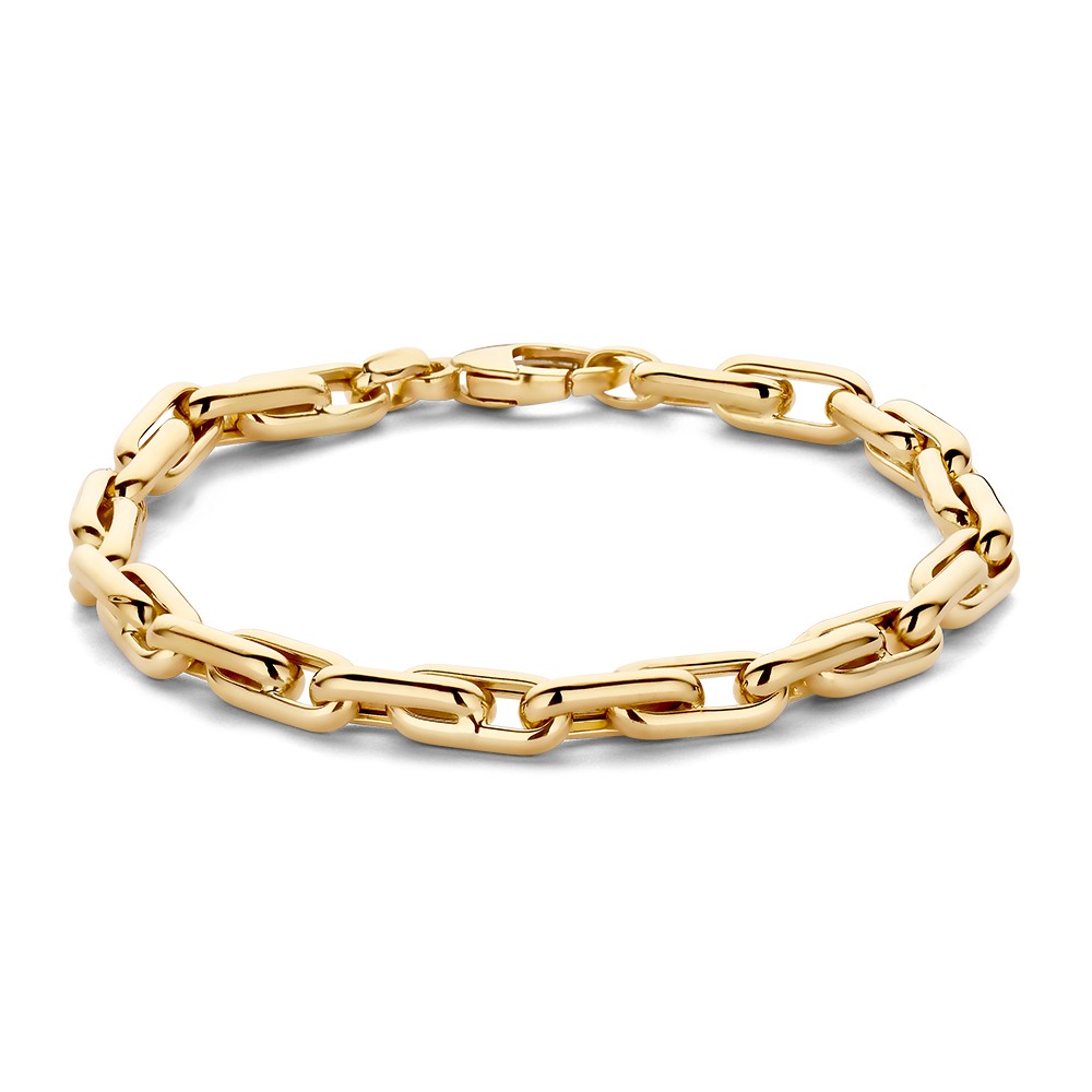 Geelgouden schakelarmband met paperclipschakels en ovale, gouden elementen.
