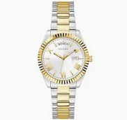 Dameshorloge van het merk Guess, model Luna Zilverkleurige roestvrijstalen behuizing met mineraalglas, goudkleurige lunette, diameter behuizing: ca. 36,0 mm (zonder kroon). Hoogte horlogekast: ca. 8,5 mm Tweekleurige roestvrijstalen armband met vouwsluiting Zilverkleurige wijzerplaat met uur- en minuten- en secondenweergave, datumweergave.