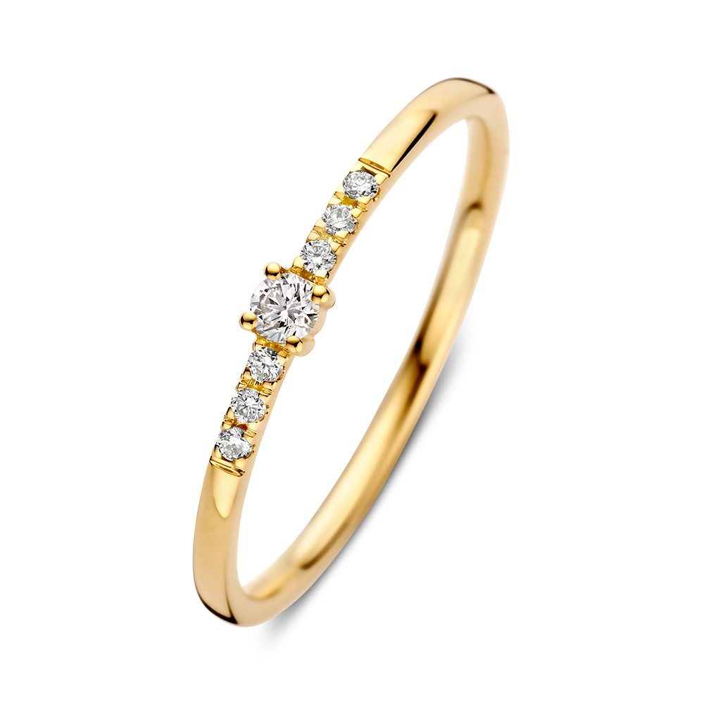 Excellent Jewelry fijne, geelgouden solitair met zijstenen. Totaal 0.09crt
