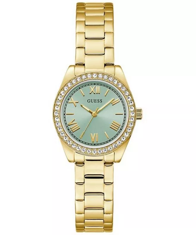 Het Guess Mini Luna 30 mm dameshorloge GW0841L5 is een stijlvol model dat de aandacht trekt met zijn elegantie. De gouden envelop, gemaakt van roestvrij staal, harmonieert harmonieus met de groene wijzerplaat, bedekt met mineraalglas. De roestvrijstalen armband, in een gouden tint, creëert een samenhangend geheel. Waterbestendigheid van 30 meter maakt het horloge bestand tegen kleine spatten, zoals bij het handen wassen. 