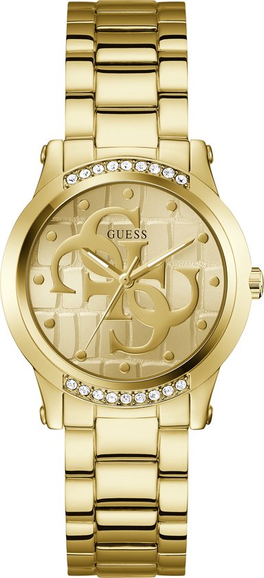 Een klassieker met een twist, dit goudkleurige horloge van Guess Watches. Het horloge heeft het iconische Guess 4G logo op de wijzerplaat met relief, gezet met schitterende kristallen op de lunet. Dit tijdloze accessoire is een prachtige aanvulling op elke outfit