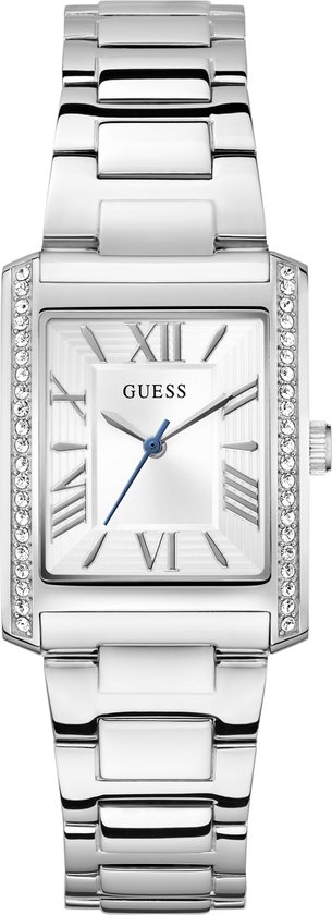 Een klassieker met een twist, dit zilverkleurige rechthoekige horloge van Guess met Romeinse cijfers en subtiele kristallen op de lunet. Een tijdloos stuk dat de perfecte balans vindt tussen klassieke schoonheid en moderne flair.