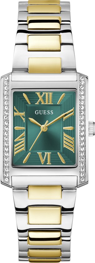 Een klassieker met een twist, dit goud met zilverrechthoekige horloge van Guess met Romeinse cijfers en subtiele kristallen op de lunet. Een tijdloos stuk met prachtige groene wijzerplaat met patroon dat de perfecte balans vindt tussen klassieke schoonheid en moderne flair.