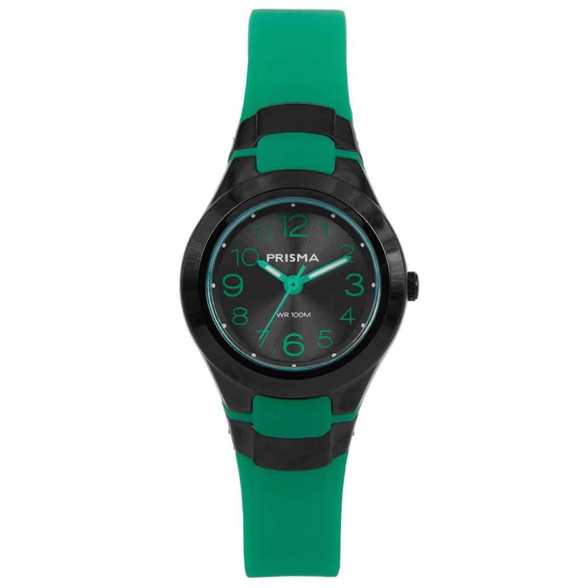 Prisma horloge CW.336 jongens/meisjes Sport kunststof 10 ATM 

Algemeen
Geslacht: jongens/meisjes
Model: CW.336

Voordelen
- band plastic/silicone groen
- wijzerplaat zwart met groene cijfers (arabisch)
- boven gem. waterdicht: zwemmen/duiken
- wijzers lichten op in donker
- duidelijke tijdsweergave
- quartz
- maat kast 27mm (breedte) 11mm (dikte)