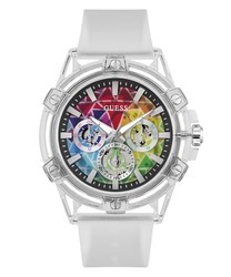 Guess Herenhorloge GW0908G3 Sport Wit. 48mm witte nylon kast. Witte siliconen band. Sluiting met gesp. Veelkleurige wijzerplaat met zichtbaar mechanisme. Multifunctioneel, stopwatch, kalender. Mineraal kristal. Kwartsuurwerk. Onderwatermodel 10m. 3 jaar garantie. Referentie GW0908G3