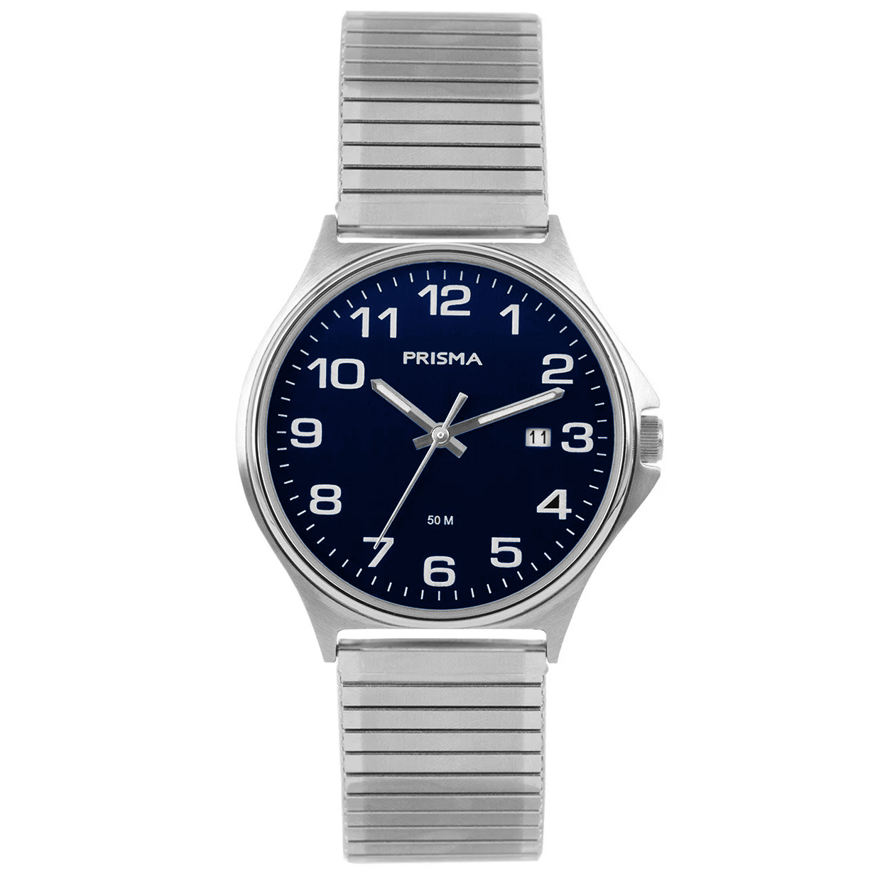 Prisma horloge 1687.54VG heren edelstaal 5 ATM 

Algemeen
Geslacht: heren
Model: P.1687.54VG

Voordelen
- rekband sluit naadloos aan op de huid
- band edelstaal zilver
- wijzerplaat blauw met witte cijfers (arabisch)
- wijzers lichten op in donker
- datum
- duidelijke tijdsweergave
- spat waterdicht: handenwassen, regen
- quartz
- maat kast 39mm (breedte) 7,5mm (dikte)