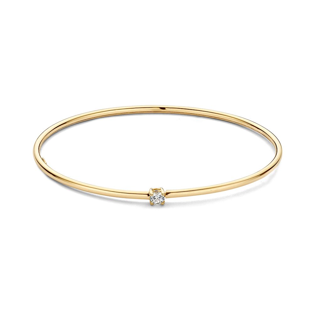 Geelgouden bangle met ronde band, gezet met een zirkonia.