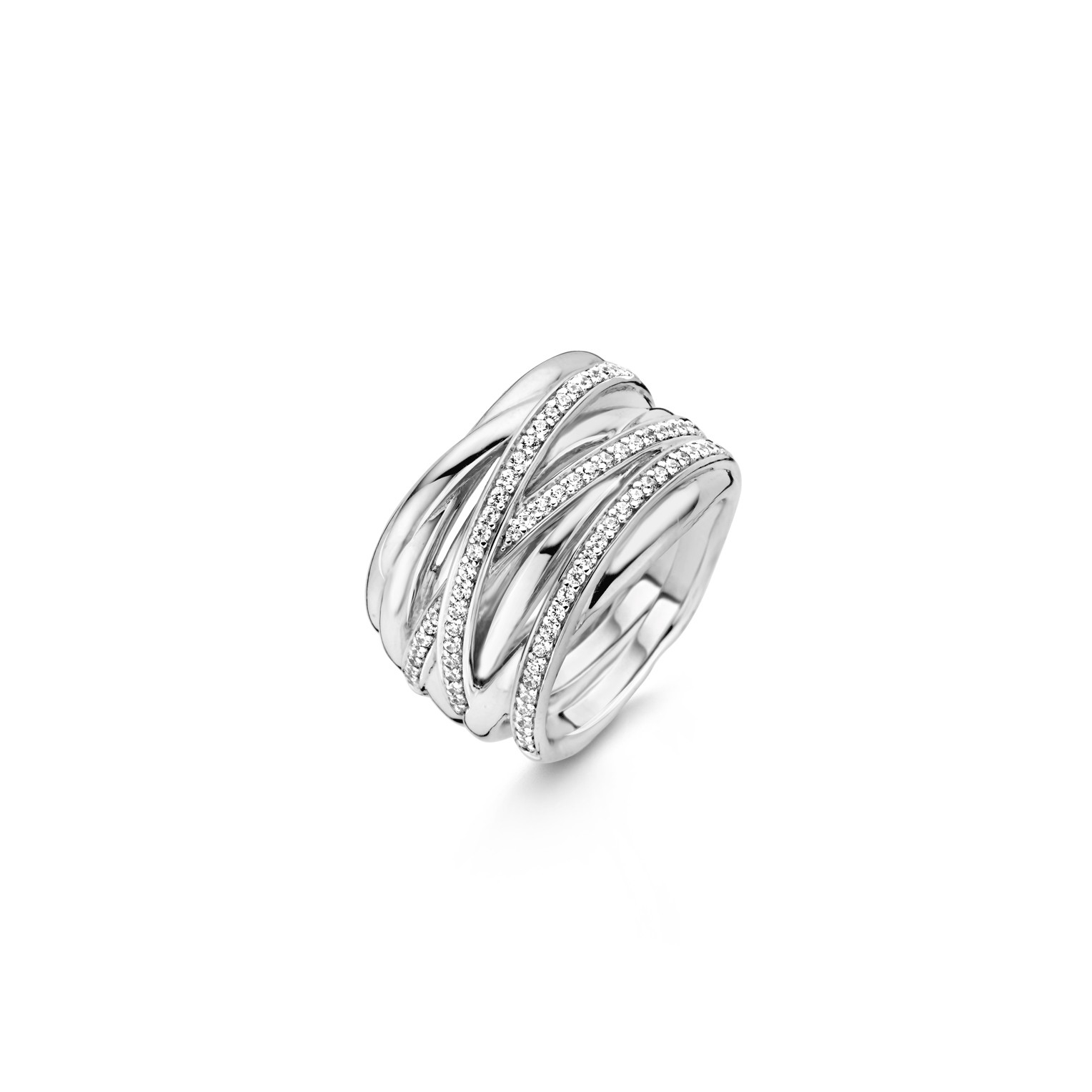 Deze mooie TI SENTO - Milano ring is gemaakt van gerhodineerd sterling zilver. De rhodiumlaag zorgt voor een extra glans en een langere levensduur van het sieraad. De ring wordt gevormd door verschillende banden van zilver en briljant geslepen zirkonia's. De binnenzijde van de ring is voorzien van een structuurprint dat samen met de bij elkaar komende banden voor een hoog draagcomfort zorgt.