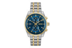 Dit op de luchtvaart geïnspireerde horloge van BOSS Menswear heeft geborstelde en gepolijste cijfers en is ontworpen in goud- en zilverkleurig staal. Blauwe wijzerplaat met geborstelde zonnestralen.