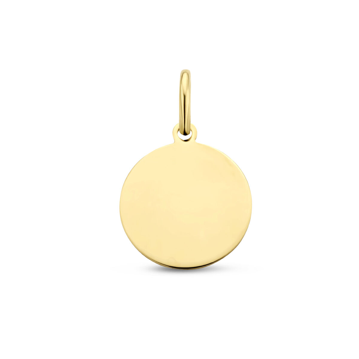 14k geelgoud ronde graveerhanger met een hoogte van 25mm en een diameter van 16mm. De dikte van de graveerplaat is 0.6mm.