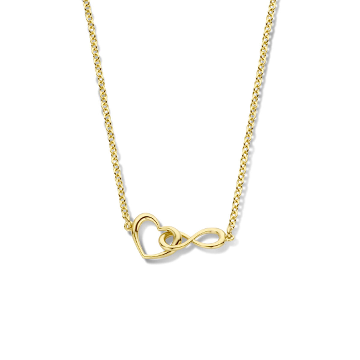 Goudkleurig zilveren collier met een hart en infinity. De draaglengte is 42cm met een extensie van 3cm. Uitgevoerd met een karabijn sluiting. De schakelbreedte is 1.7mm. Geen garantie op plating.