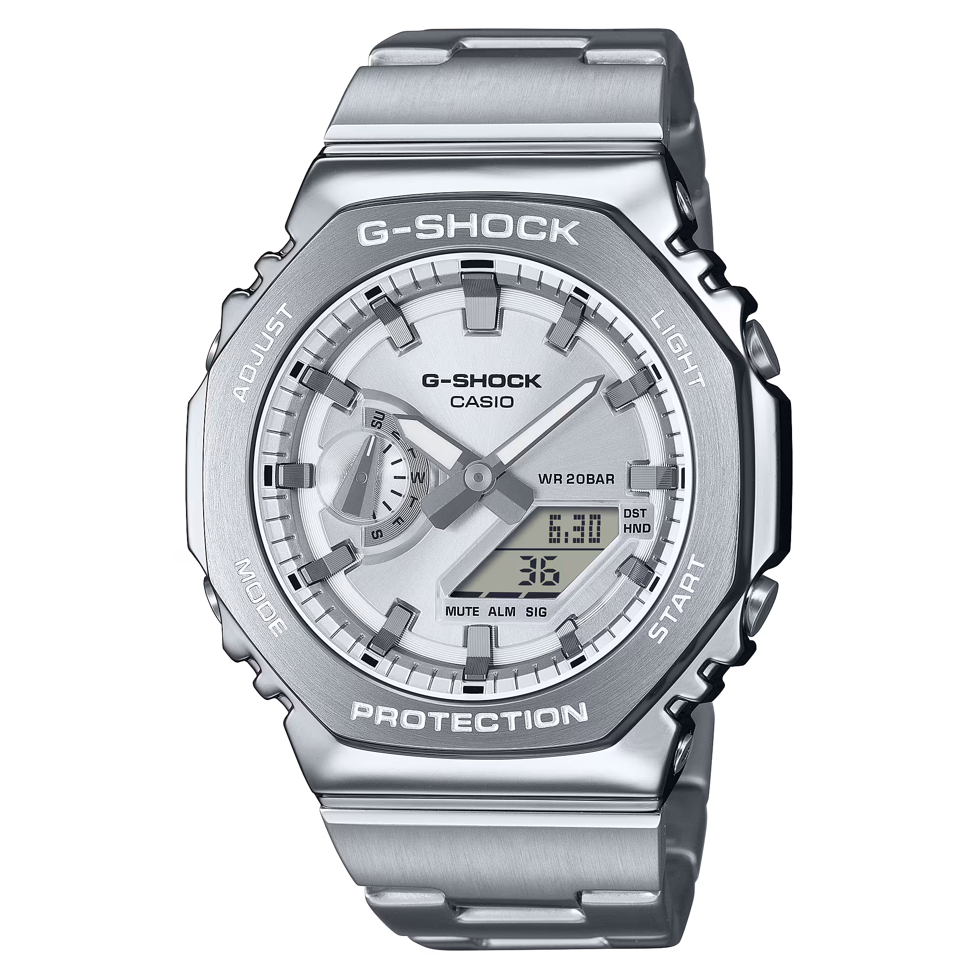 Maak kennis met de GM-2110D, een analoog-digitale combinatie van G-STEEL op basis van de GA-2100, nu met een stijlvolle update van de metalen rand en band. 

De uniforme achthoekige roestvrijstalen rand is zorgvuldig gesmeed en gepolijst en omsluit een eenvoudig ontwerp zonder poespas met een verfijnde, maar stoere uitstraling. De kast met hoge stijfheid is van fijnhars en versterkt met glasvezel, en is de dunste van alle G-SHOCK-combinatiemodellen, met slechts 11,8 mm.