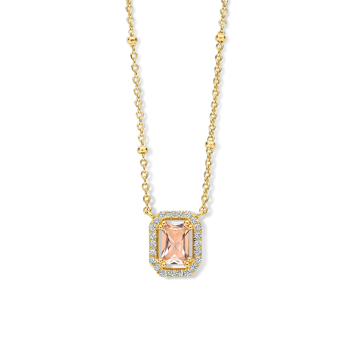 Verguld Zilveren Halsketting met een roze steen en witte zirkonia. De ketting is 45 cm lang met een oogje op 42cm en heeft een gouden kleur. Perfect te combineren met andere gouden sieraden voor een elegante look. Draag het bij een jurk of blouse voor een verfijnde uitstraling.