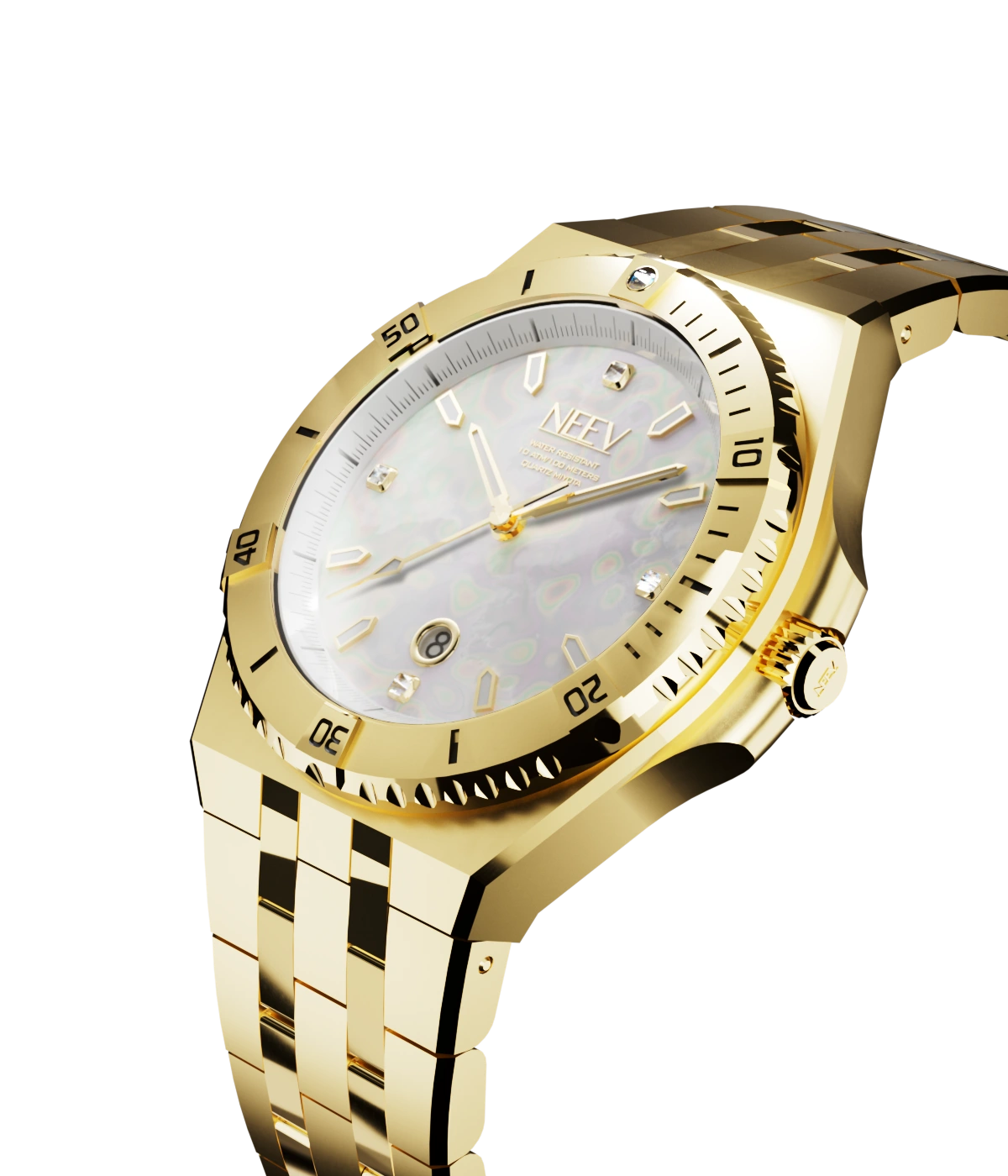 De Date34 is ons nieuwste model. Dit 34mm dameshorloge is er in 14 varianten. Dit nieuwe model is standaard uitgevoerd met 5 Swarovski stenen, hoogwaardig staal, saffierglas met AR coating en een parelmoer wijzerplaat.