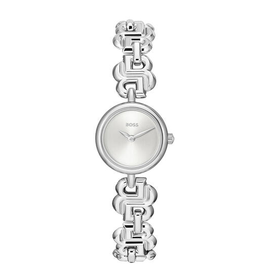 Dit dameshorloge van BOSS, de Double B Dressy, is uitgerust met een quartz uurwerk. De zilverkleurige wijzerplaat is afgedekt met hoogwaardig mineraalglas. De horlogekast, met een diameter van 23 mm, en de 2 mm brede horlogeband zijn beide vervaardigd uit roestvrij staal. Een elegant accessoire dat je look compleet maakt!