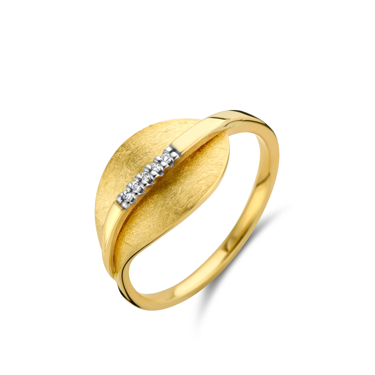 Ring geelgoud 18Kt met echte diamanten 0.03Ct
Bladgedeelte mat gemaakt
