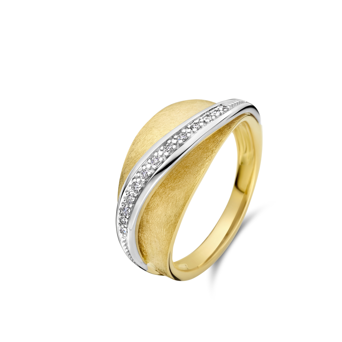 Ring geelgoud 18Kt met echte diamanten 0.08Ct
Bladmotief is mat gemaakt