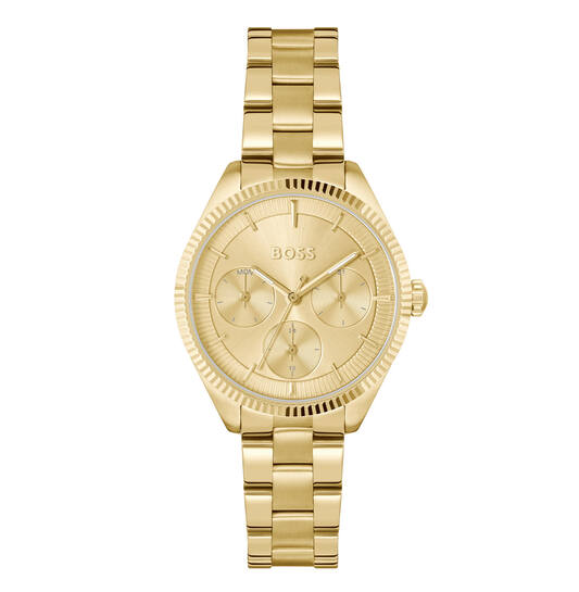 Dit Boss horloge behoort tot de Sage collectie.
Referentienummer: HB1502803

Dit geheel goudkleurige stoere Boss horloge heeft een stalen kast en band. Op de goudkleurige wijzerplaat is de datum, dag en 24-uurs aanduiding af te lezen. De ronde kast heeft een diameter van 34MM en is waterdicht tot 3ATM / 30 M.