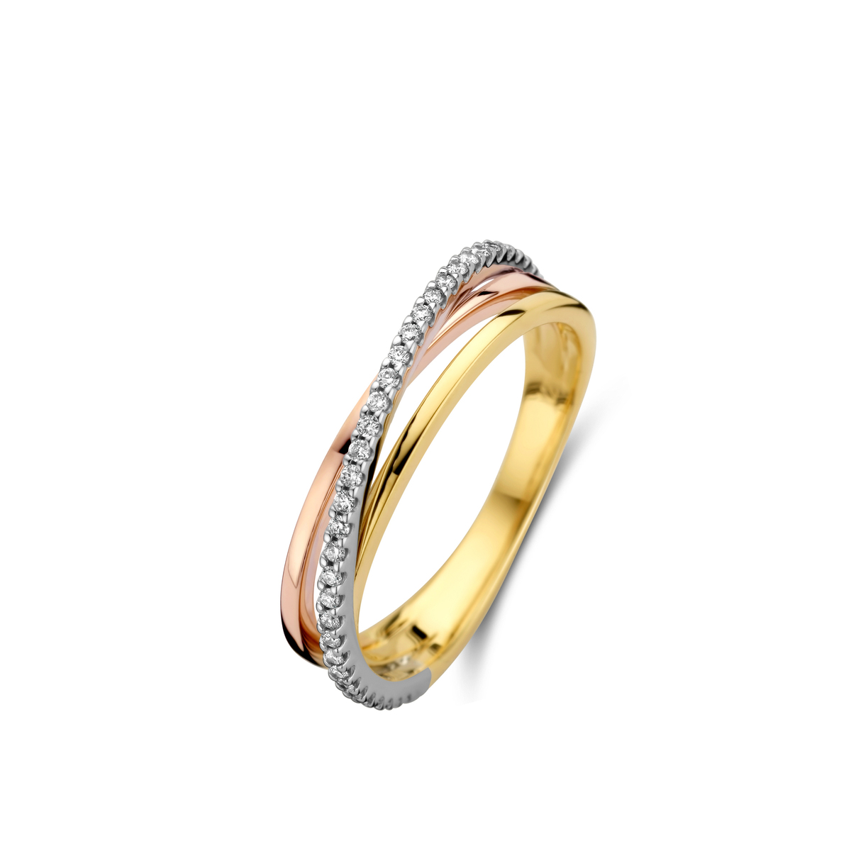 Tricolor ring, geel-,wit- en roodgoud 18Kt met echte diamanten 0.12Ct
