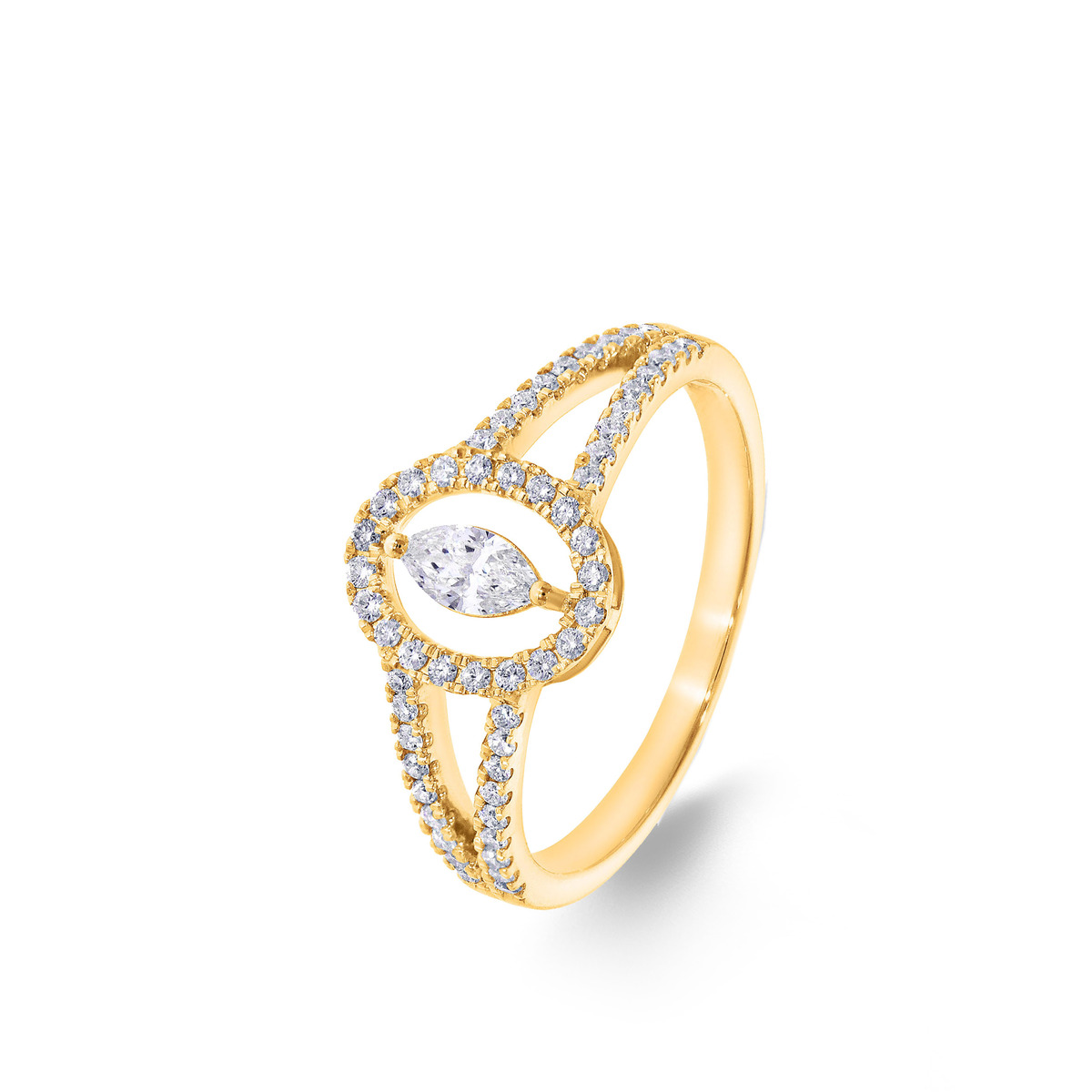 Ring geelgoud 18Kt met echte diamanten. Middensteen in markiesvorm 0.15Ct en daarrond ronde diamanten 0.28Ct