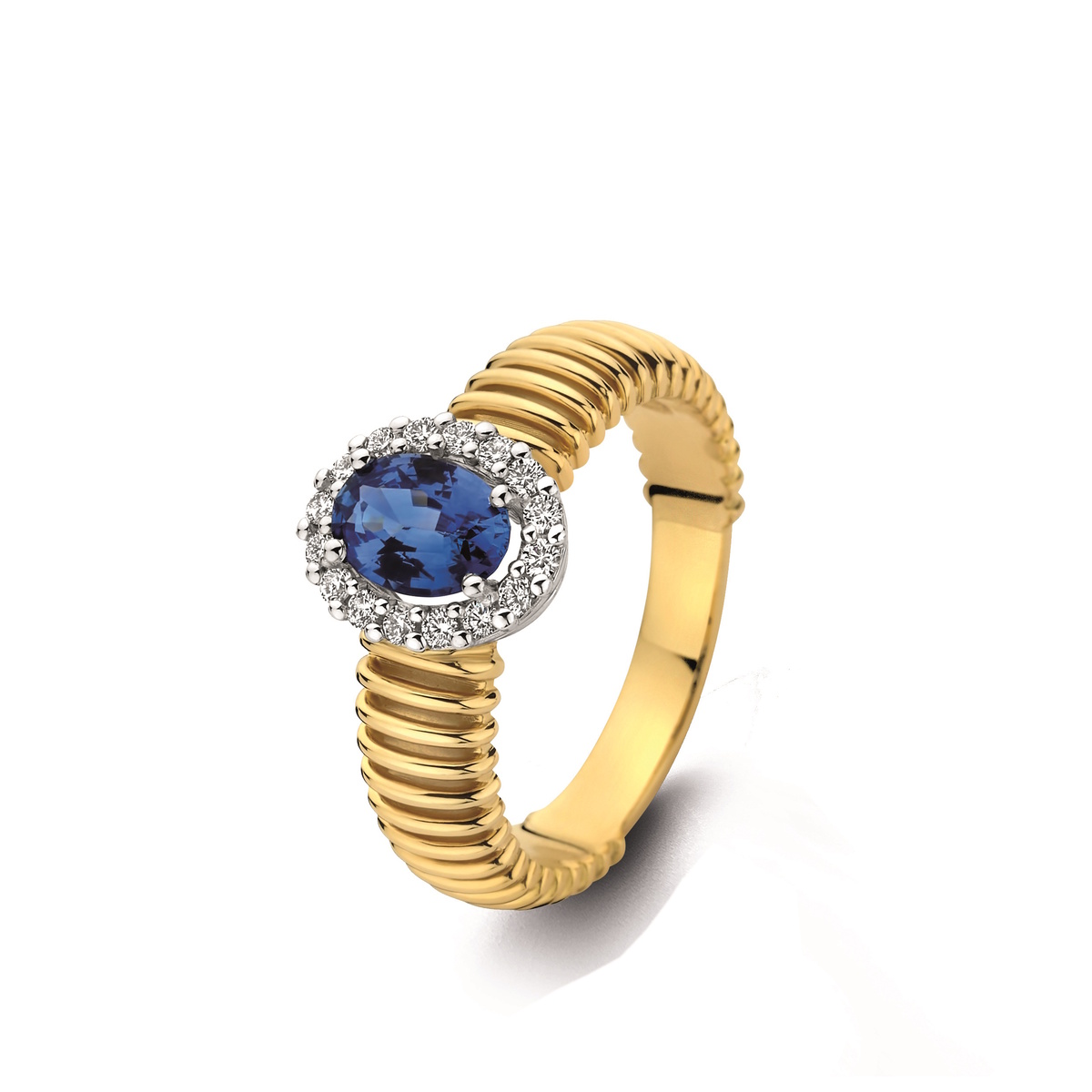 Ring geelgoud 18Kt met saffier 0.08Ct en echte diamanten 0.16Ct