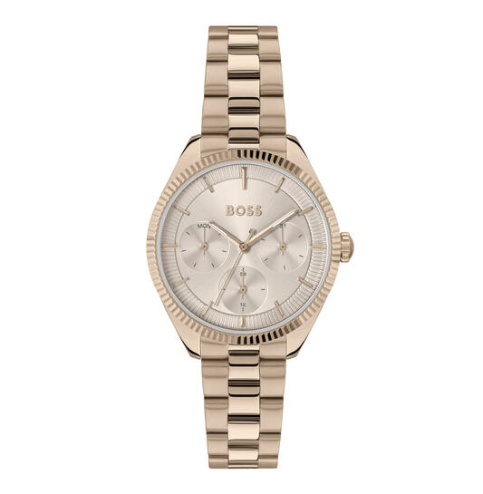 Dit Boss horloge behoort tot de Sage collectie.
Referentienummer: HB1502801

Dit sportieve Boss horloge heeft een rosegoudkleurige kast en band. Naast de goudkleurige kast en band is ook de wijzerlplaat rosegoud van kleur. Op de chronograaf-look wijzerplaat is de datumaanduiding te zien. Het horloge heeft een diameter van 34MM en is waterbestendig tot 3 ATM / 30 M.