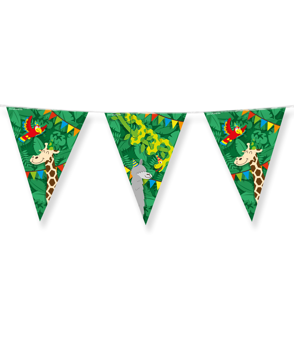 De vlaggenlijn met jungle thema is de ideale versiering op een jungle feestje. Door de gebruikte kleuren en het vrolijke design vallen deze party vlaggen dan ook extra goed op! De vlaggetjes zijn gemaakt van folie (dubbelzijdig bedrukt), hebben een lengte van 10 meter