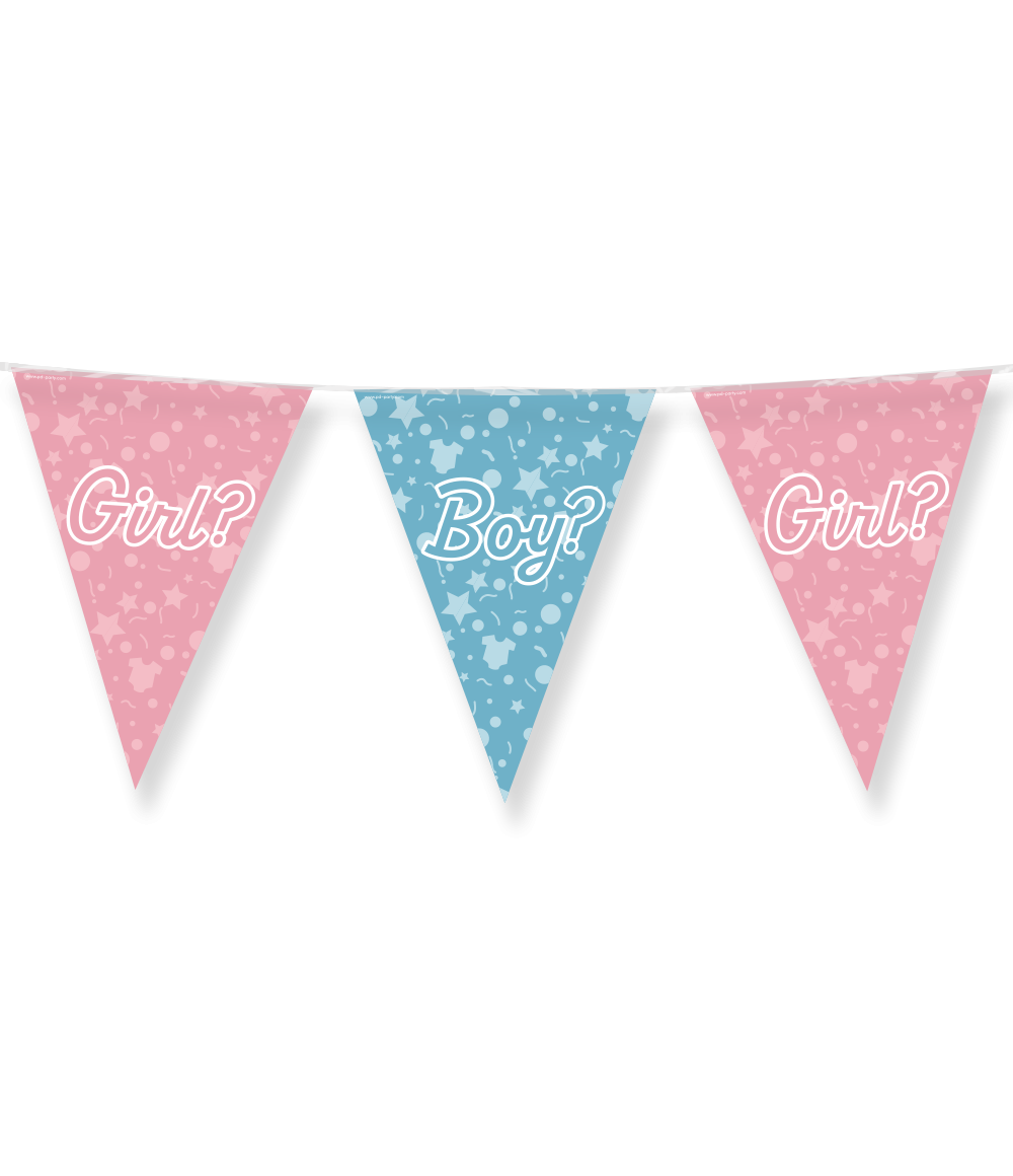 De vlaggenlijn met Gender reveal thema is de ideale versiering op een feestje waarbij bekend wordt gemaakt wat het geslacht van het baby'tje wordt. Door de gebruikte kleuren en het leuke design vallen deze party vlaggen dan ook extra goed op! De vlaggetjes zijn gemaakt van folie (dubbelzijdig bedrukt), hebben een lengte van 10 meter.