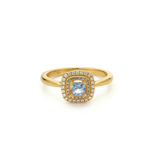 zilveren 24Kae ring, verguld vierkant+ blauw/wit cz mt52