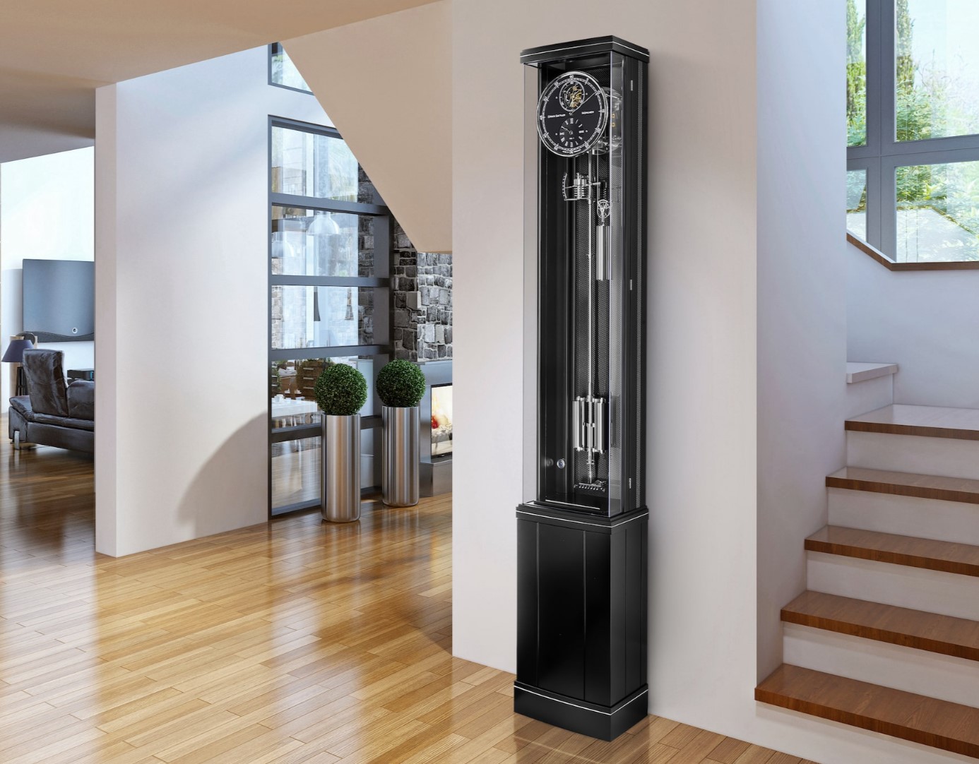 ERWIN SATTLER ILLUMINA SECUNDA
Exclusieve staande klok van Erwin Sattler model Illumina Secunda. Een moderne en innovatieve herinterpretatie van de traditionele staande klok in een moderne behuizing. Met zijn gebogen oppervlakken en gepolijste inlegwerk wordt het precisie-uurwerk met secondeslinger niet alleen beschermd, maar schittert het ook door de ingebouwde ledverlichting.  Niet alleen in de binnenkant van de kast, maar dat er ook indirecte verlichting aan de achterzijde van de kast.
Het precisie slinger uurwerk met is voorzien van een nieuw ontworpen, driedelige wijzerplaat met verzonken en zichtbare ankergang. De klok is leverbaar met twee verschillende wijzerplaten. In de bodem van de kast is een verborgen bergruimte gerealiseerd.