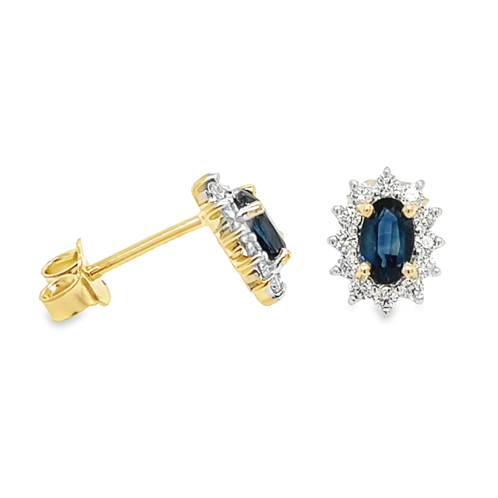 Geelgouden oorstekers met Saffier 5x3mm en Diamant 0,24 karaat SI/G