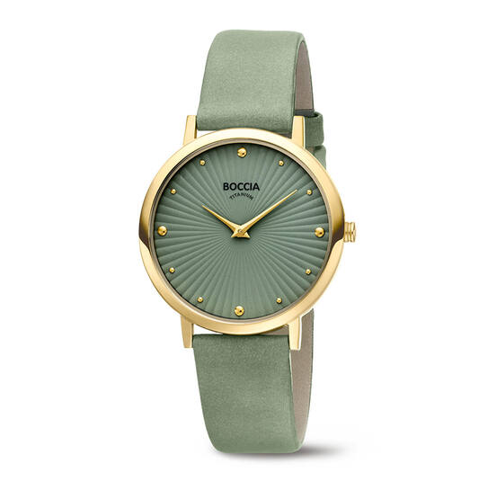 Merk	BOCCIA TITANIUM
Model	3365-04
Garantie	2 jaar
Kleur	groen
Voeding	batterij
Waterdichtheid	50M/5ATM
Glas	mineraalglas
Cijfers op wijzerplaat	indexen
Voor wie	dames
Type	wijzers
Gewicht	22 g
BANDJE

Materiaal	leer
Type sluiting	Standaard sluiting
KAST

Kleur kast	goud
Materiaal	titanium
Vorm	rond
Diameter	34 mm
