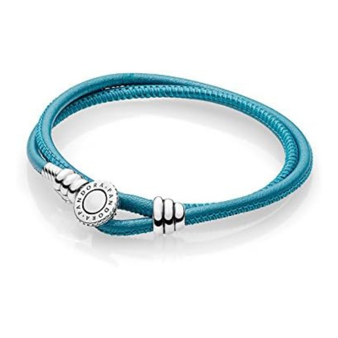 Pandora - Turqoise lederen armband, dubbel, 17.5cm met zilveren sluiting - 597194CTQ-D1