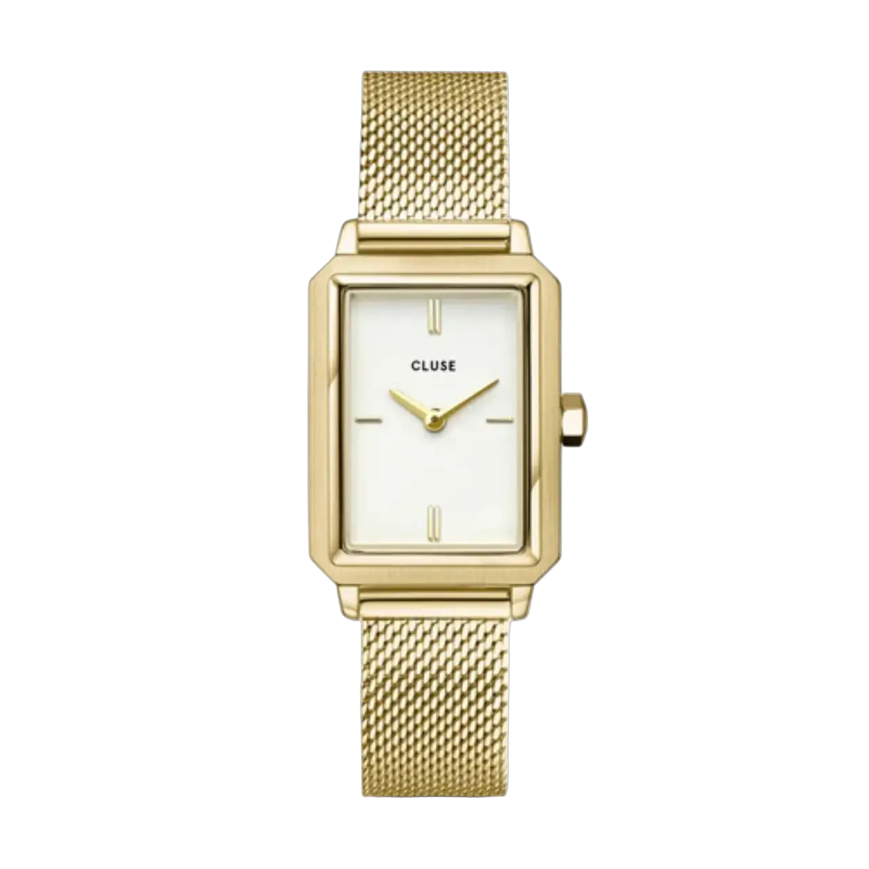 De Cluse horloge CW11508 is een stijlvolle polshorloge met een rechthoekige roestvrijstalen kast en mineraalglas. Het gouden design met een Milanese mesh band straalt elegantie uit. De witte wijzerplaat en kwartshorloge beweging maken het compleet. Niet waterbestendig en zonder datumaanduiding. Perfect voor dagelijks gebruik en formele gelegenheden. Best gedragen met elegante of zakelijke kleding.