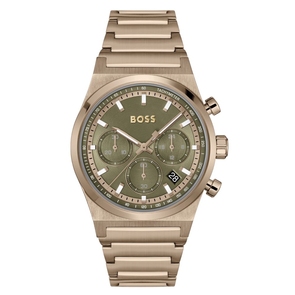 Dit Boss horloge behoort tot de Candor collectie.
Referentienummer: HB1514222

Dit Boss horloge heeft een unieke uitstraling. Het horloge heeft een rosegoudkleurige stalen kast en band met een diameter van 41MM. De mosgroene wijzerplaat is versierd met rodegoudkleurige wijzers en indexen en een chronograaffunctie. Het horloge is waterbestendig tot 5 ATM / 50 M en heeft een mineraalglas.