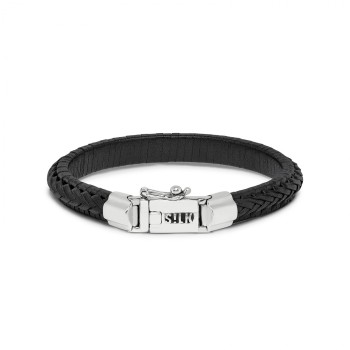 Zwart leren armband met massief zilveren bakslot model 171 op 21 cm