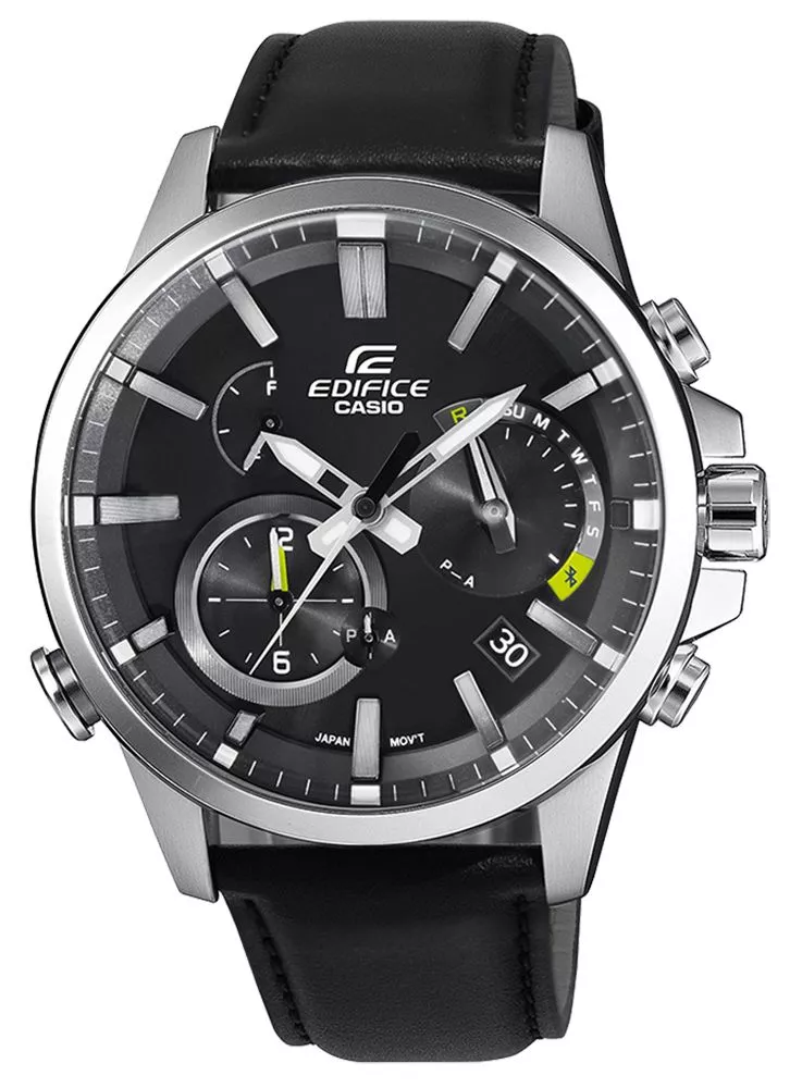 De Casio Edifice EQB-700L-1AER is een elegante polshorloge met analoge wijzerplaat en streepindexen. Het heeft een ronde kast van roestvrij staal met saffierglas. De zwarte wijzerplaat en echte lederen band maken het stijlvol. Het horloge heeft een zonne-energiebeweging, datumaanduiding en is waterbestendig tot 10 ATM. Perfect te dragen bij zowel formele als casual gelegenheden.
